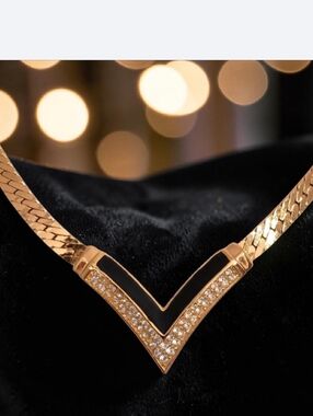 Vintage Christian Dior V Necklace Omega Chain Rhinestones Black Enamel Gold Tone